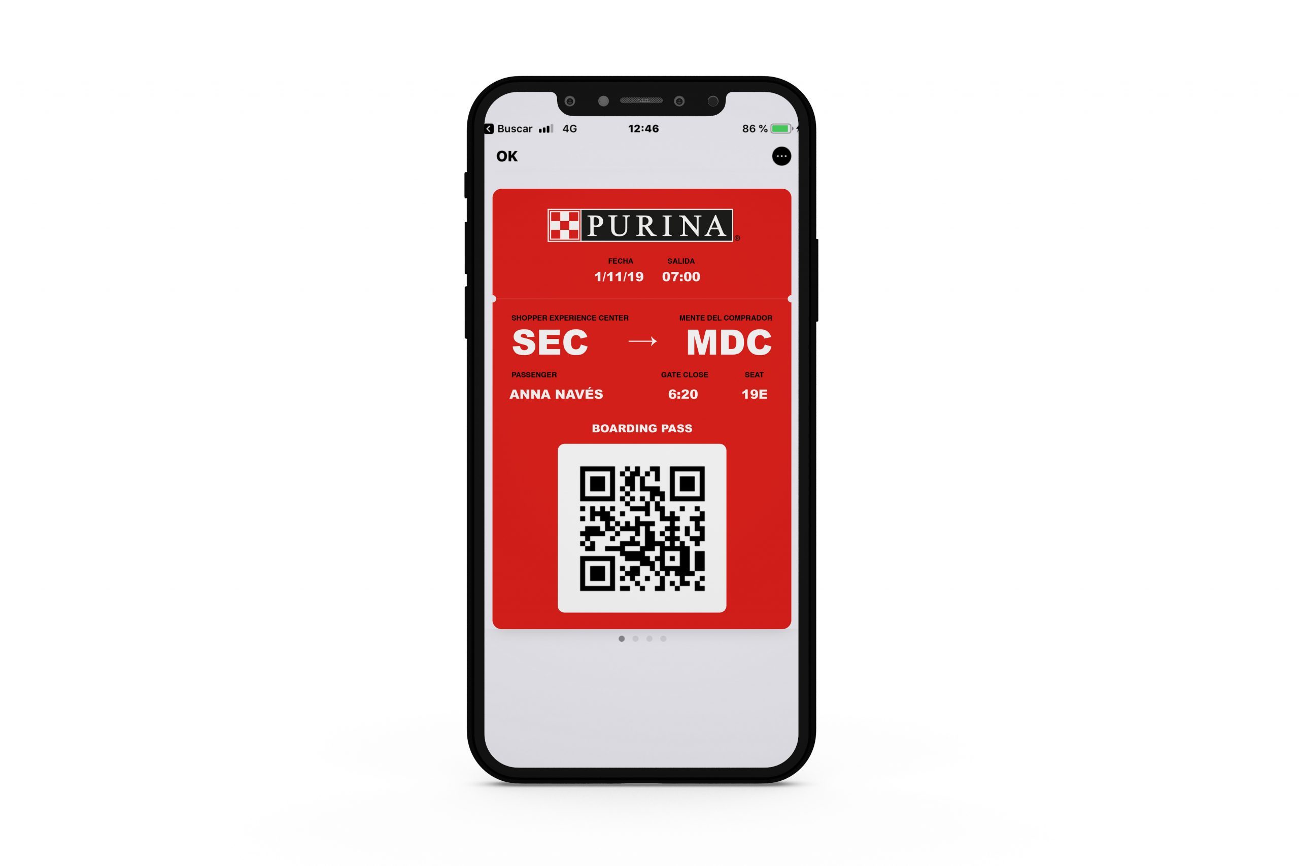 Mobile simulation screen of the ticket saved in the Wallet with exit to the shopper and QR code to enter. Mobile simulation screen of the ticket saved in the Wallet with exit to the shopper and QR code to enter.